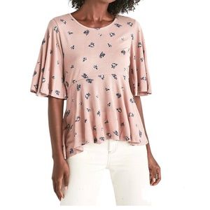 Lucky Brand Top XL Pink Floral Print Flutter Sleeve Flounce Peplum